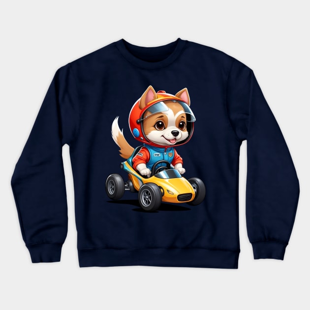 Cartoon Dog Driving a Race Car Crewneck Sweatshirt by Leon Star Shop